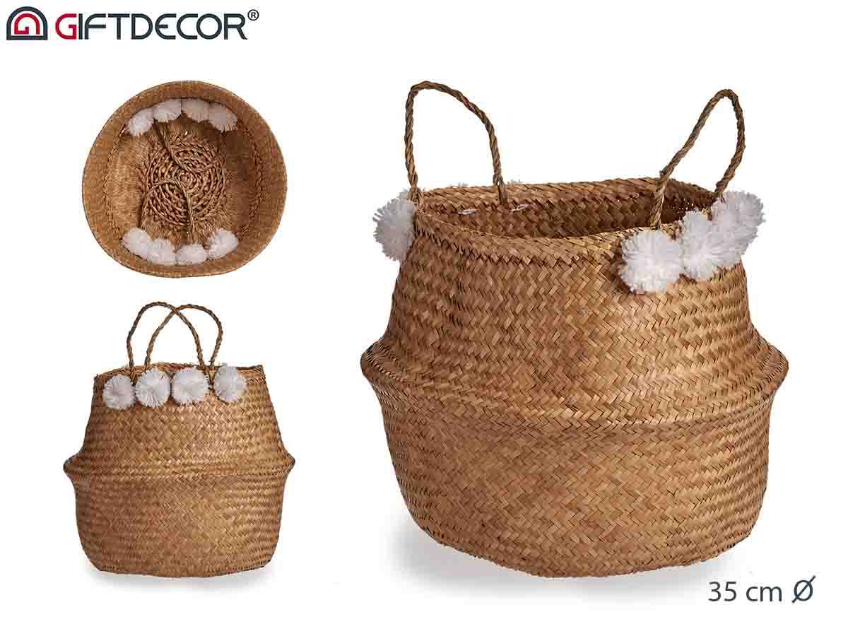 Cesta junco marino 35cm natural pompones CESTA JUNCO 35 CM NATURAL POMPOM - Imagen 1